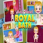 Collage af baby i bad, farverige billeder med teksten Royal Bath og en baby i tylkjole med krone