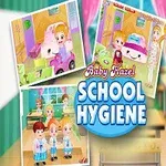 Tegneseriefigur af en lille pige i en klasselokaleindstilling med teksten School Hygiene samt små billeder af scener fra et klasseværelse
