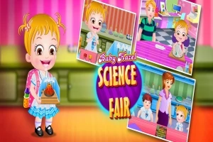 En illustration af en lille pige i skoleuniform, der holder et projekt på en videnskabsmesse med tre små billeder af hende i forskellige scener i baggrunden