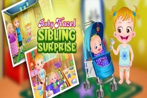 Baby står ved siden af en barnevogn med en baby, og der er to indrammede billeder af lignende scener i baggrunden
