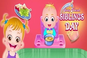 To børn, en pige med røde sløjfer og en smilende baby med en skål, på en farverig baggrund med teksten Siblings Day