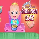 To børn, en pige med røde sløjfer og en smilende baby med en skål, på en farverig baggrund med teksten Siblings Day