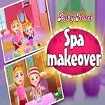 Baby Hazel i pink kjole med Spa make-over tekst og to små billeder af børn til venstre