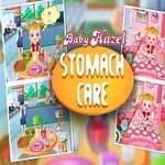 Tegneseriestil billede med en lille pige i et køkken og et soveværelse, samt en tekst med ordene Baby Hazel Stomach Care