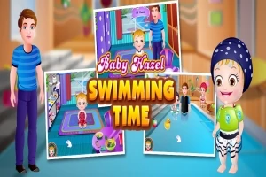 Tegneseriefigurer ved en swimmingpool med teksten Baby Hazel Swimming Time i midten