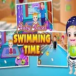 Tegneseriefigurer ved en swimmingpool med teksten Baby Hazel Swimming Time i midten