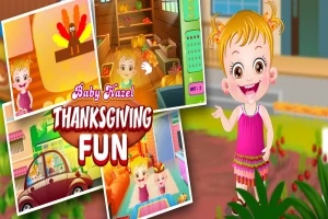 Collage med animationsfigur, lyshåret barn i pink kjole, og forskellige hverdagsaktiviteter med teksten Thanksgiving Fun