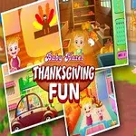 Collage med animationsfigur, lyshåret barn i pink kjole, og forskellige hverdagsaktiviteter med teksten Thanksgiving Fun