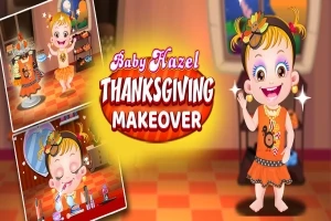 En glad baby klædt i en Thanksgiving-kostume med farverige accessories, står foran en baggrund med billeder af forskellige makeovers