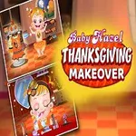 En glad baby klædt i en Thanksgiving-kostume med farverige accessories, står foran en baggrund med billeder af forskellige makeovers