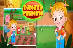 Tegning af en glad lille pige i overalls, der holder en kylling, med tomatplanter og landbrugsredskaber i baggrunden