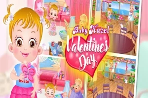 Tegneserieillustration med en glad lille pige, der holder et hjerteformet kort, omgivet af lyserøde og lyse farver med Valentines Day skrevet midt i billedet
