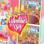 Tegneserieillustration med en glad lille pige, der holder et hjerteformet kort, omgivet af lyserøde og lyse farver med Valentines Day skrevet midt i billedet