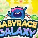 Farverigt tegnet logo med teksten Babyrace Galaxy og en glad, blå figur med pink hår bagved