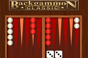 Et backgammon-bræt med røde og hvide brikker samt terninger på midten