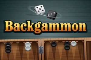 To terninger svæver over teksten Backgammon med en baggrund af et backgammonbræt og spillebrikker