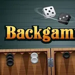To terninger svæver over teksten Backgammon med en baggrund af et backgammonbræt og spillebrikker