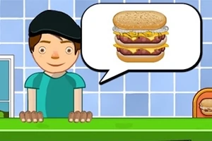 En animeret figur står ved en disk med en taleboble, der viser en burger med flere lag