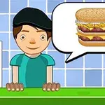 En animeret figur står ved en disk med en taleboble, der viser en burger med flere lag