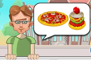 Mand med briller i en grøn t-shirt viser en taleboble med billeder af en pizza og en burger