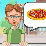 Mand med briller i en grøn t-shirt viser en taleboble med billeder af en pizza og en burger