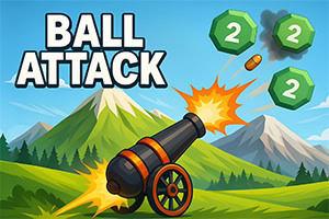 Tegneseriekanon skyder mod grønne blokke med tallet 2 foran bjerge og teksten BALL ATTACK