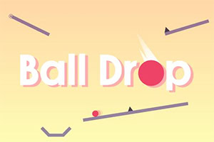 Tekst Ball Drop i store hvide bogstaver med en rød bold, der falder, på en lys gradient baggrund med skrå linjer