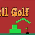 Tekst Ball Golf i store orange bogstaver på en rød baggrund med grønne geometriske former og en lille hvid golfbold i nederste venstre hjørne
