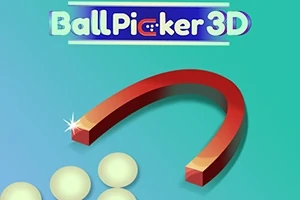 En rød magnet i form af en hestesko, der tiltrækker hvide kugler på en grønblå baggrund med teksten Ball Picker 3D øverst