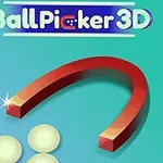 En rød magnet i form af en hestesko, der tiltrækker hvide kugler på en grønblå baggrund med teksten Ball Picker 3D øverst