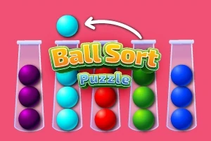 Fem reagensglas fyldt med farverige kugler og en blå kugle der flyttes, med teksten Ball Sort Puzzle