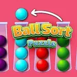 Fem reagensglas fyldt med farverige kugler og en blå kugle der flyttes, med teksten Ball Sort Puzzle