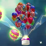 Farverige balloner dekoreret med forskellige mønstre og symboler svæver over en lysende base, mens en tegneseriehand trykker på en knap