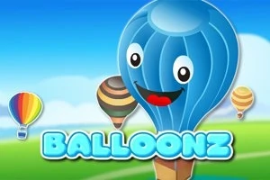 Tegneserie-luftballon med ansigt smiler i et landskab med andre små luftballoner, og teksten Balloonz vises for neden