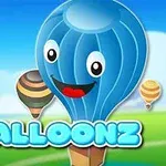 Tegneserie-luftballon med ansigt smiler i et landskab med andre små luftballoner, og teksten Balloonz vises for neden