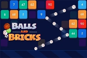 Forskellige farvede blokke med tal og hvide bolde, samt teksten Balls and Bricks