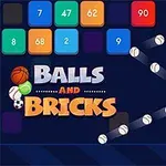 Forskellige farvede blokke med tal og hvide bolde, samt teksten Balls and Bricks