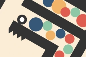Et geometrisk design med en sort zigzag-linje og farverige cirkler indeni