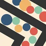 Et geometrisk design med en sort zigzag-linje og farverige cirkler indeni