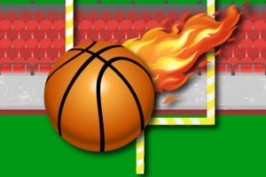 En brændende basketball på vej gennem et gul og hvidstribet mål foran en grøn bane med tilskuerrækker i baggrunden