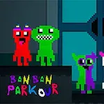 Fire farverige pixel-karakterer står foran en stor dør med et skilt, hvor der står Banban Parkour