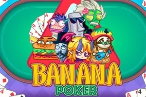 Tegneseriefigurer, herunder en sandwich, en stenfigur og andre karakterer, med teksten Banana Poker i lyse farver