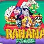 Tegneseriefigurer, herunder en sandwich, en stenfigur og andre karakterer, med teksten Banana Poker i lyse farver