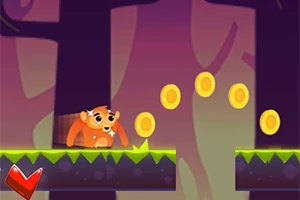 Animation med et tegneseriedyr, der løber på en platform i en skov og samler gyldne mønter