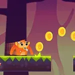 Animation med et tegneseriedyr, der løber på en platform i en skov og samler gyldne mønter