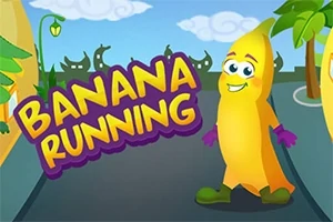 En animeret banan med handsker og sko står på en vej ved siden af teksten Banana Running med en farverig baggrund