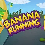 En animeret banan med handsker og sko står på en vej ved siden af teksten Banana Running med en farverig baggrund