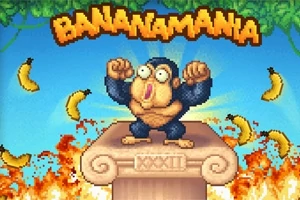 En tegneseriemæssig abe står triumferende på en søjle omgivet af flyvende bananer og flammer i baggrunden