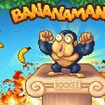 En tegneseriemæssig abe står triumferende på en søjle omgivet af flyvende bananer og flammer i baggrunden