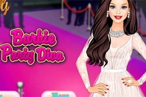 En smilende kvinde med langt, brunt hår i en elegant, hvid kjole står foran en pink baggrund med teksten Barbie Party Diva